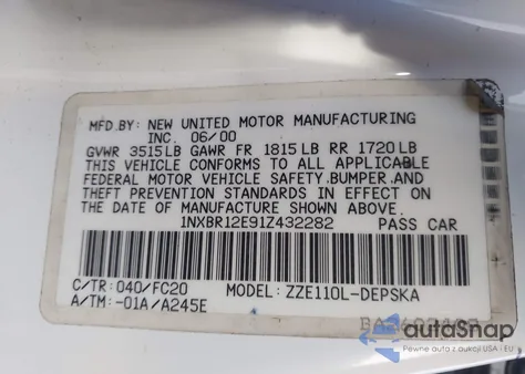 2001 Toyota Corolla S из США, поврежденный, VIN 1NXBR12E91Z432282